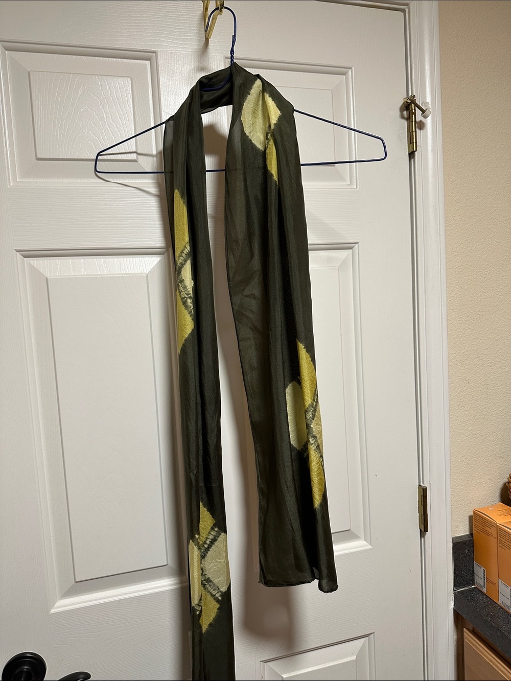 Eileen Fisher Olive Green Scarf with Yellow Geometric Accents